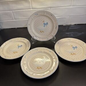 Aunt Rhody Salad Dessert Plates 8" Brick Oven Stoneware White Pink Blue Set of 4